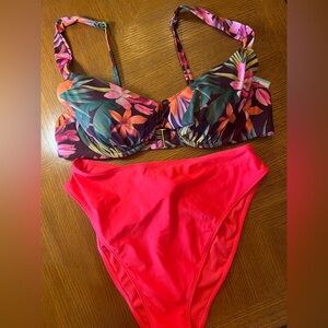 Floral Underwire Bikini Top with Coral High-Waist Bottom - Women Swim